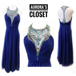 Blush Prom 8 Cobalt Blue Gown Jewel Collar Ruched Bodice Maxi Illusion Mesh